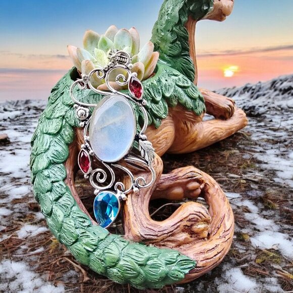 Milky Opal ✦ Blue Sapphire Garnet Pendant ✦ 925 Sterling Silver Intricate Swirl - Picture 3 of 13